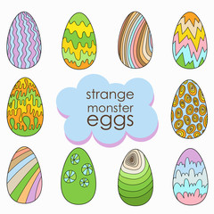 Set of strange monster eggs. Multi-colored in pastel colors. Can be used in the design of illustrations, cards, invitations to banners and flyers for Easter and Halloween.