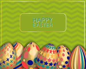 Easter card with decorated golden eggs. Green wavy background. Can be used as banner, frame, flyer, invitation, voucher. Festive spring theme