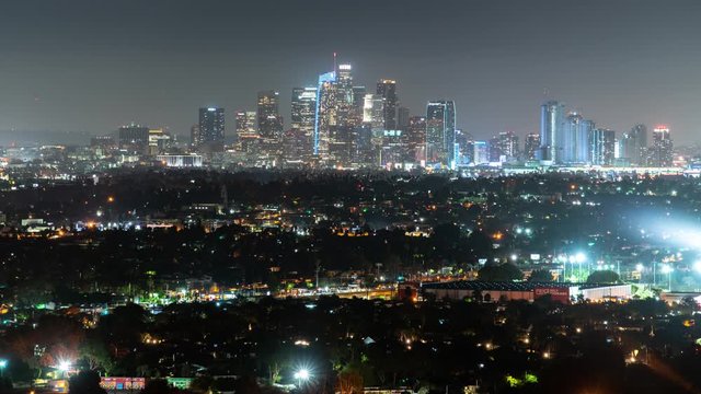 Los Angeles Downtown Night Skyline From Mid City Time Lapse Telephoto