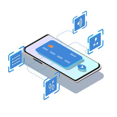 Vector Isometric illustration of smartphone and credit card on white background.Concept ofonline payments, personal data protection. Transfer money from card. Mobile wallet application.