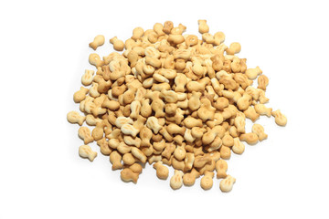 little crackers in the form of fish on white isolated background