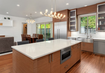 Modern kitchen interior in new home with stainless steel appliances