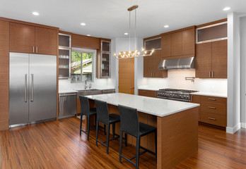 Modern kitchen interior in new home with stainless steel appliances