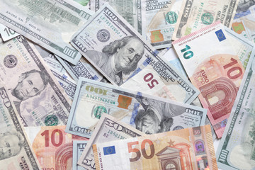 Fototapeta na wymiar International currencies background. Money from different countries: dollars, euros. euro and dollar banknotes. money background. leading currencies.
