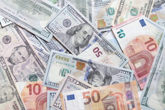 International currencies background. Money from different countries: dollars, euros. euro and dollar banknotes. money background. leading currencies.