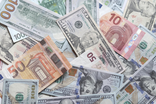 International currencies background. Money from different countries: dollars, euros. euro and dollar banknotes. money background. leading currencies.