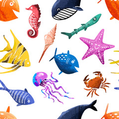 Naklejka premium Sea and ocean fish seamless bright pattern. Characters seahorse, jellyfish, starfish, crab, whale and many other inhabitants of the waters of the seas and oceans, cartoon vector illustration.
