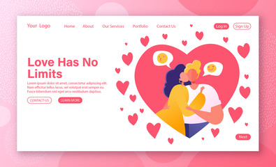 Romantic relations, love theme for website landing page. Young loving couple hugging. Man holding woman hand. Woman kissing man on cheek. Valentines Day concept for web page banner. 