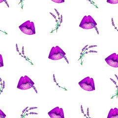 Vector illustration of a pattern for fabric. Pink female lips with lavender on a white background.