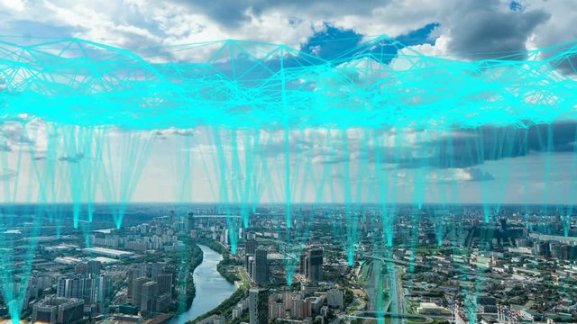 Aerial city connected through 5G. Wireless network, mobile technology concept, data communication, cloud computing, artificial intelligence, internet of things. Futuristic city. video loop. Moscow