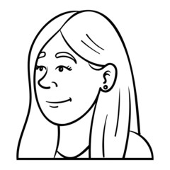 monochrome outline illustration of a woman, diagonally from the side who laughs. emotions, avatar, head, isolated.