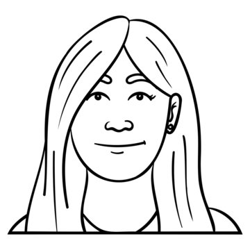 recommend clip art: Vector outline drawing of a woman, with a smiling facial expression and long hair. frontal, avatar, comic, illustration, emotion, monochrome.