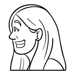 Monochrome outline vector illustration of a woman in profile who laughs happily and shows her teeth.  Avatar, emotions, be happy.