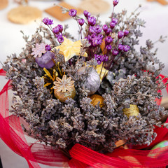 Top view of a bouquet of lavender flowers on a white background. Bunch of purple lavandula flowers. 