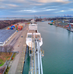 cargo ship in port gdansk from above 