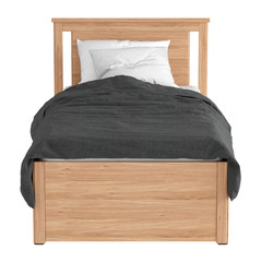 A wooden light brown bed on a white background. 3d rendering