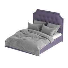 Soft lilac double bed with a high quilted headboard with gray bed linen on a white background. 3d rendering