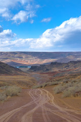Landscape in the badlands of Kazakhstan on a sunny day