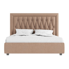 Double bed in a classic style with soft beige quilted upholstery and white bedding on a white background. Front view. 3d rendering