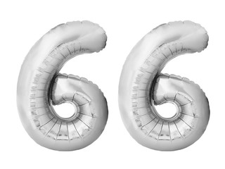 Number 66 sixty six made of silver inflatable balloons isolated on white background. Silver chrome helium balloons forming 66 sixty six number