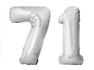 Number 71 seventy one of silver inflatable balloons isolated on white background. Silver chrome helium balloons forming 71 seventy one