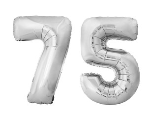Number 75 seventy five of silver inflatable balloons isolated on white background. Silver chrome...