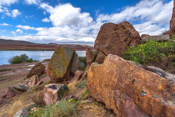 Landscape in the badlands of Kazakhstan on a sunny day
