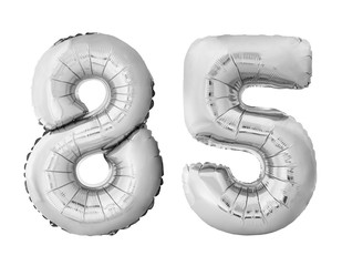 Number 85 eighty five of silver inflatable balloons isolated on white background. Silver chrome...