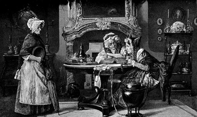 Two aged woman examining a certificate or letter of recommandation presented by a new maid, caricature portrait