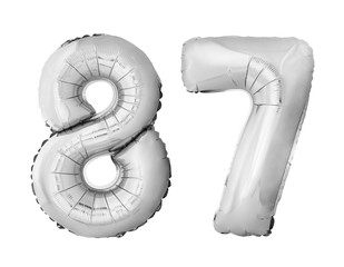 Number 87 eighty seven of silver inflatable balloons isolated on white background. Silver chrome helium balloons forming 87 eighty seven number