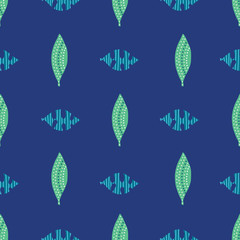 Abstract tropical leaves green blue teal seamless vector pattern. Palm leaf silhouettes repeating pattern. Geometric hand drawn nature design for fabric, beach wear, wallpaper, packaging