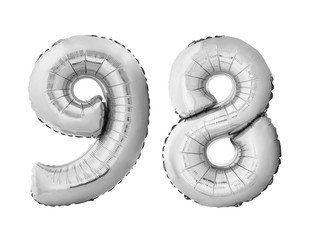 Number 98 ninety eight made of silver inflatable balloons isolated on white background. Silver chrome helium balloons forming 98 ninety eight number