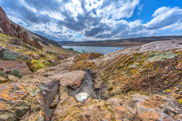 Landscape in the badlands of Kazakhstan on a sunny day