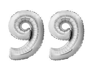 Number 99 ninety nine made of silver inflatable balloons isolated on white background. Silver chrome helium balloons forming 99 ninety nine number - obrazy, fototapety, plakaty