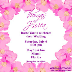Wedding invitation background. Floral poster, invite. Vector decorative greeting card. Anniversary board. Invitation design backdrop. Illustration.