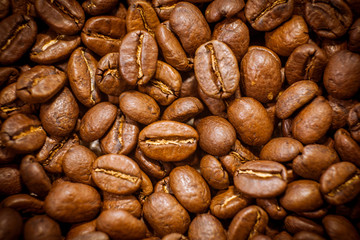 Premium quality light roasted coffee beans rotating. Close up of brown roasted coffee beans