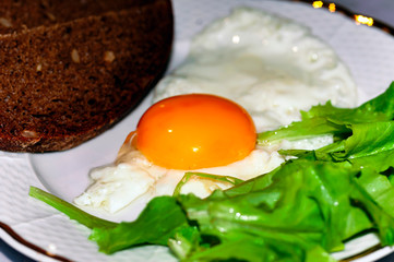 soft focus of white plate with tasty traditional breakfast with fried egg, dark bread and greenery