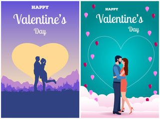 Set of greeting card for Happy Valentine's Day. Vector illustration with couple in love. A man and a woman hug, embrace on a background of clouds, balloons, hearts and sunset landscape.
