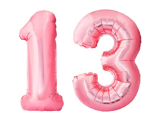 Number 13 thirteen made of rose gold inflatable balloons isolated on white background. Pink helium balloons forming 13 thirteen number - obrazy, fototapety, plakaty