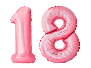 Number 18 eighteen made of rose gold inflatable balloons isolated on white background. Pink helium...