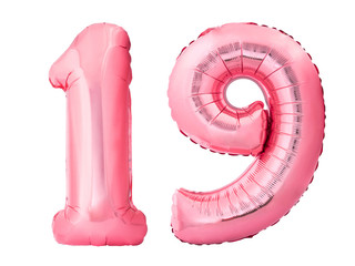 Number 19 nineteen made of rose gold inflatable balloons isolated on white background. Pink helium...
