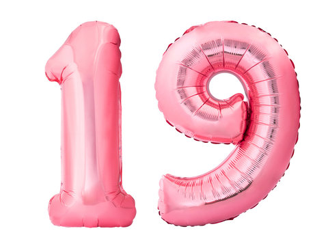 Number 19 nineteen made of rose gold inflatable balloons isolated on white background. Pink helium balloons forming 19 nineteen number