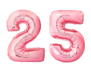 Number 25 twenty five made of rose gold inflatable balloons isolated on white background. Pink...