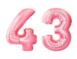 Number 43 forty three made of rose gold inflatable balloons isolated on white background. Pink helium balloons forming 43 forty three number