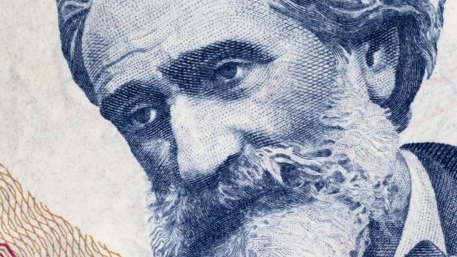 Giuseppe Verdi on Italy 1000 lira (1964) banknote rotated. Famous Italian composer. 4K