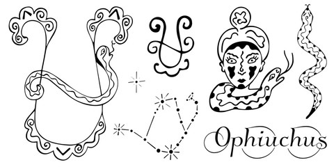 Zodiac set of the constellation Ophiuchus. Black and white hand-drawn symphols of the Ophiuchus sign, constellation, snake, man’s head with a snake on his neck and an inscription. Isolated. Vector.
