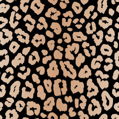 Realistic leopard print. Dark animal skin seamless pattern. Vector background with small brown spots on black backdrop. Abstract exotic texture. Jaguar, leopard, cheetah, panther fur. Repeat design 