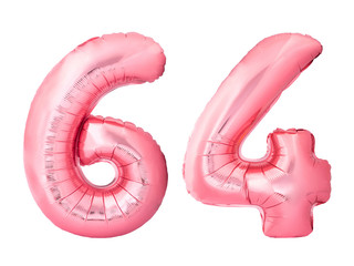 Number 64 sixty four made of rose gold inflatable balloons isolated on white background. Pink helium balloons forming 64 sixty four number