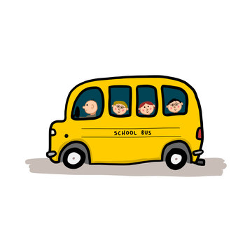 Yellow school bus with children. Cartoon doodle drawing.