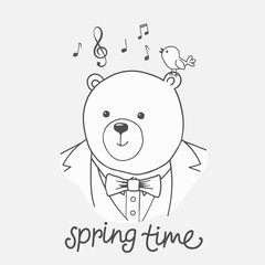 Cute bear with bird. Spring Time slogan. Cartoon vector illustration